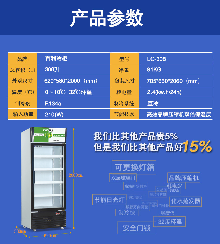 百利冷柜LC-308單門(mén)立式展示冰柜 商用保鮮冷藏柜 超市制冷設(shè)備