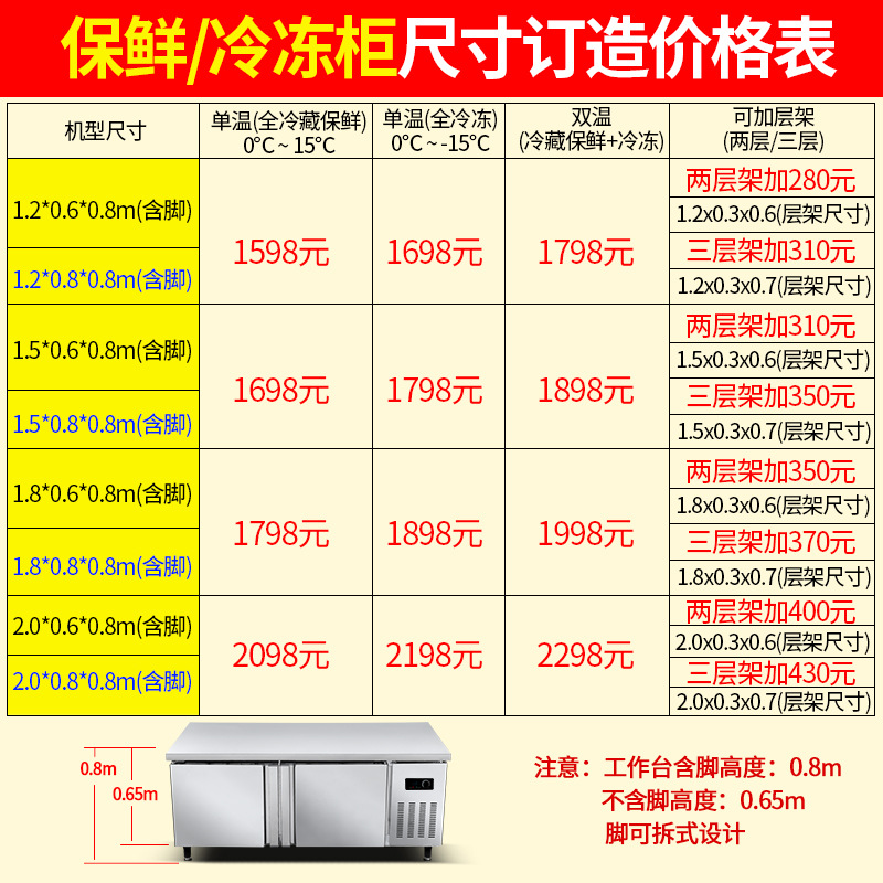 樂創不銹鋼冷藏工作臺 臥式廚房冰柜 商用酒店保鮮操作臺1.8米